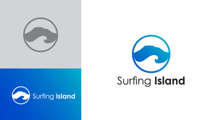 Island surf logo template design in a circle. Island logo and waves for adventure.