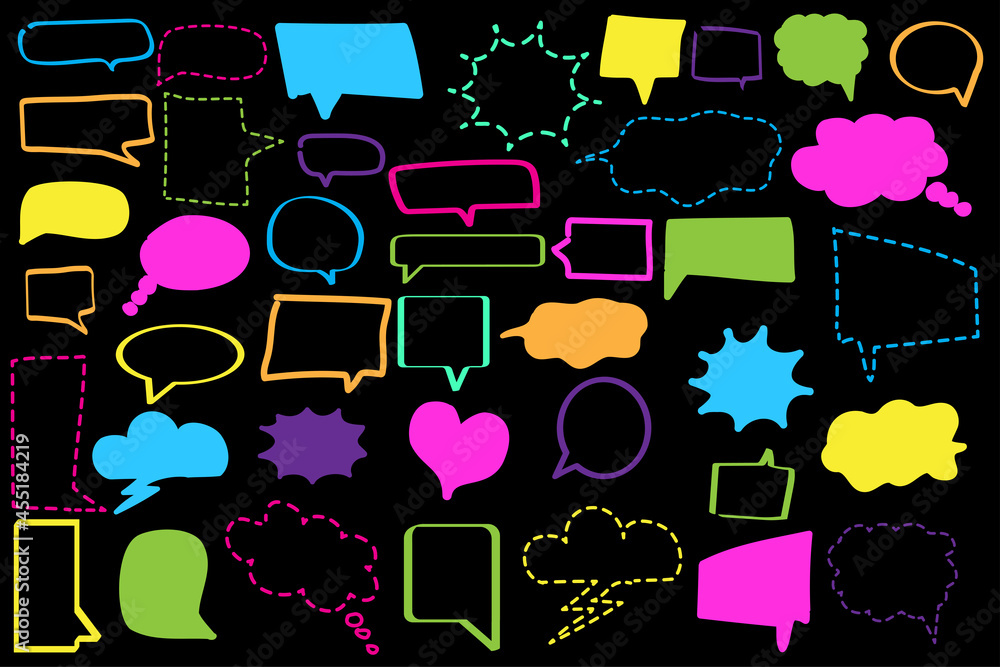 Poster neon color speech bubbles icon set on black background. chat emblem. message symbol. vector illustra