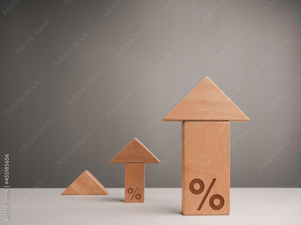 Poster business profit growth concept. percentage icon on three sizes of wooden blocks stacking as an arrow