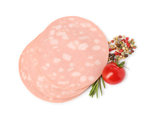 Slices of delicious boiled sausage with rosemary, tomato and pepper on white background, top view