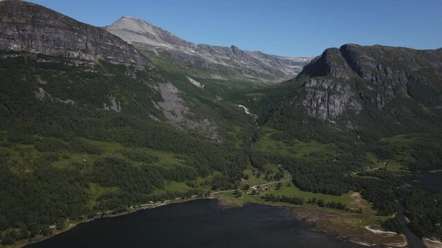 Panoramic View Of The Innerdalen Valley And Lake In Norway - aerial push in shot
