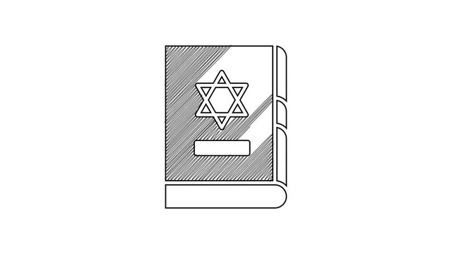 Black line Jewish torah book icon isolated on white background. On the cover of the Bible is the image of the Star of David. 4K Video motion graphic animation