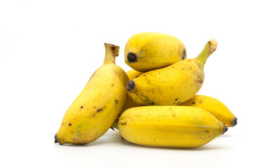 A small pile of Cultivated banana or  Namwa banana in Thailand language on white background, close...