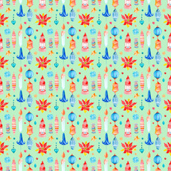 Seamless raster watercolor pattern of Christmas and New Year symbols. Elements and items of the holiday on the green background.