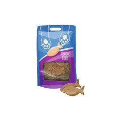 Cats snack or pets treat, fish biscuits, animals care and health food, vector. Cats and kitten feeding meal or taming and training snack treats in bag pack, flat isolated icon