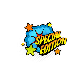 Dotted Halftone Sticker Boom Bang Burst Explosion, Comic Book Special Edition Label. Vector Limited Edition Of Magazine, Newspaper Or Dictionary, Encyclopedia.Creative Editable Print, Sticker Card