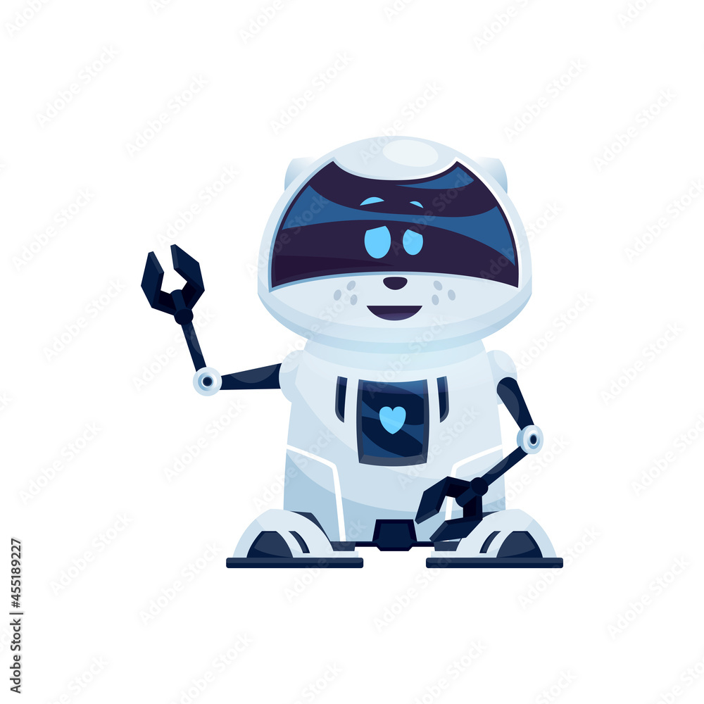 Poster realistic robot with friendly face and pincers on arms isolated plastic hi-tech character. vector an