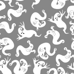 seamless pattern with white ghosts on a gray background to create textures for the holiday Halloween
