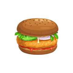 Chicken burger or chickenburger, fast food vector menu icon, sandwich and snack. Fastfood restaurant or street food bistro meals, chicken burger on sesame bun with lettuce and sauce