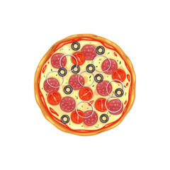 Pizza, fast food pizzeria menu icon, vector isolated Italian cuisine restaurant and fastfood meals. Italian pizza with salami or Mexicana pepperoni spicy ingredients