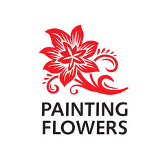 Flowers logo. Red stylish painted flower. Folk graphics