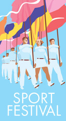Sports festival. Young boys and girls carry large colored flags. Retro styling