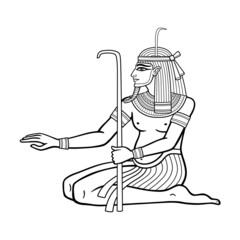 Animation portrait sitting Egyptian God Hapi. God of fertility, of water, of  Nile River. Vector illustration isolated on a white background. Print, poster, t-shirt, tattoo.