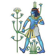 Animation portrait  Egyptian God Hapi holding a reed flower. God of fertility, of water, of  Nile River. Full growth. Vector illustration isolated on a white background. Print, poster, t-shirt, tattoo