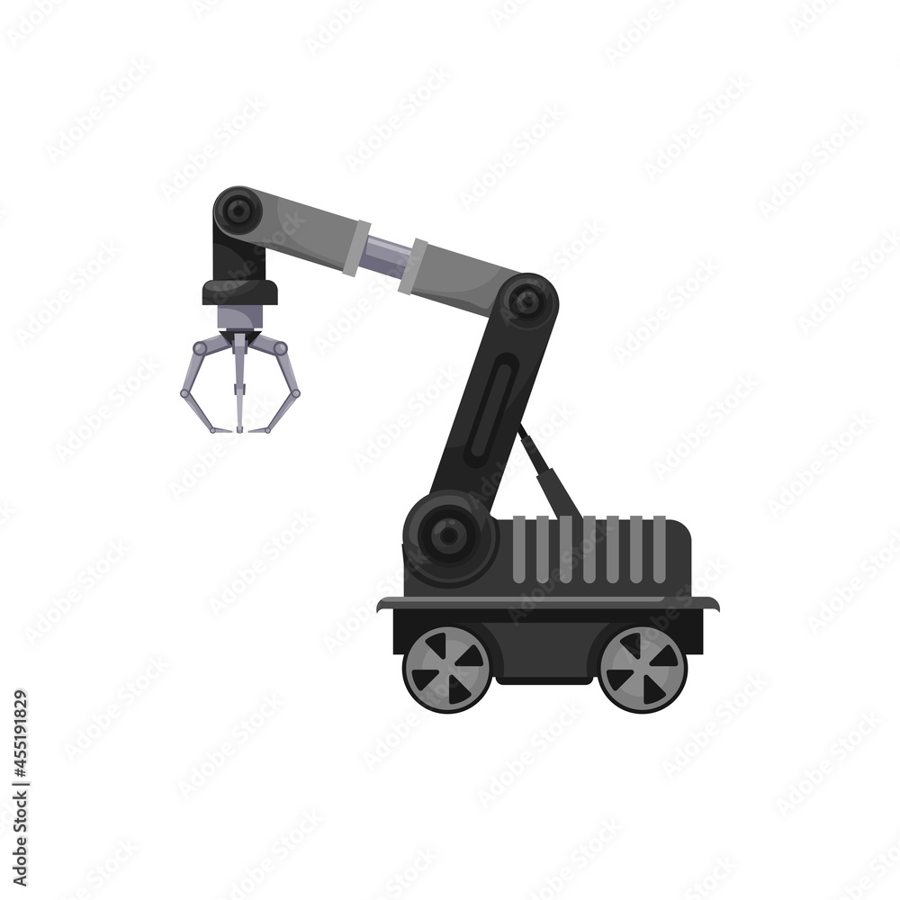 Poster machinery manufacture robot arm with claw on wheels isolated factory automation. vector factory logi