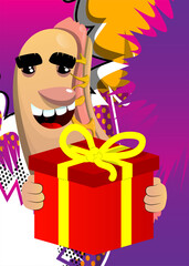 Hot Dog holding big gift box. American fast food as a cartoon character with face.