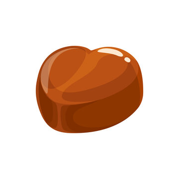 Chocolate candy cake, sweet dessert food, truffle or praline and caramel, vector isolated icon. Milk or dark Chocolate heart candy, confection comfit