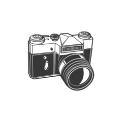 Analog photocamera isolated photo shooting device isolated monochrome icon. Vector photographer instrument, photo-camera photography symbol. Vintage cam with folding lens or object-glass, buttons