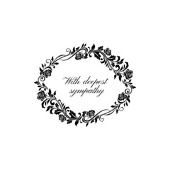 Funeral lettering with deepest sympathy isolated round frame. Vector memorial text on tombstone mockup. Vintage funerary condolence memory inscription, branches, flowers and leaves, floral ornament