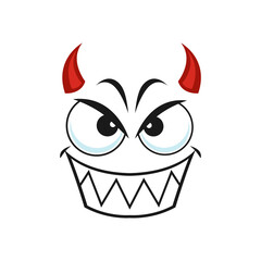 Emoticon demon with toothy smile and red horns isolated icon. Vector devil emoji, cartoon character creation from hell. Comic negative smiley, angry symbol of evil, funny satana scary monster