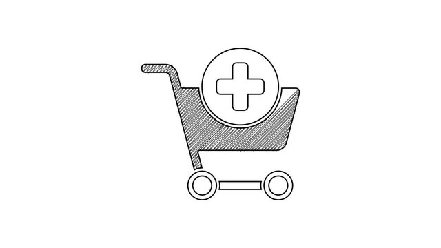 Black line Add to Shopping cart icon isolated on white background. Online buying concept. Delivery service sign. Supermarket basket symbol. 4K Video motion graphic animation