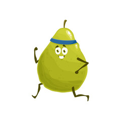Pear fruit jogging, healthy food sport and fitness activity, vector cartoon character. Pear fruit running or jogging on workout training, natural organic food and vitamin nutrition