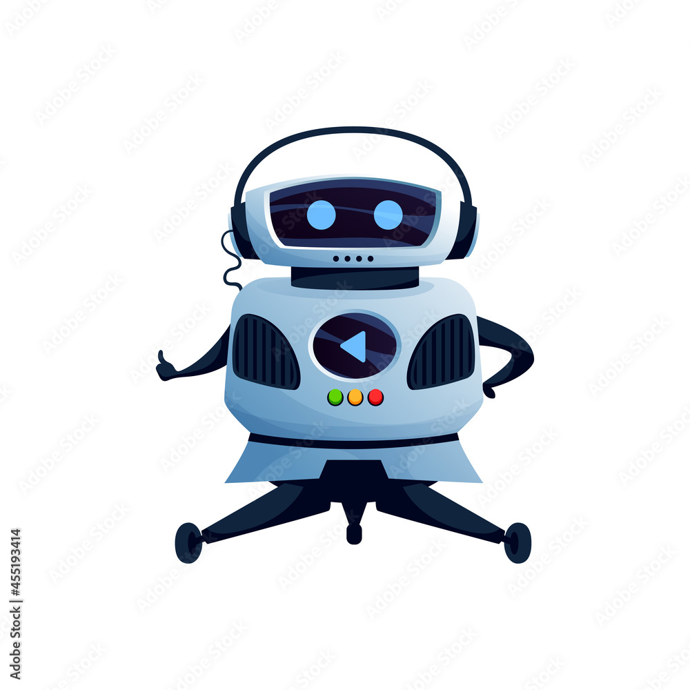 Poster humanoid robot in headphones, with display buttons on body showing cool or ok gesture sign isolated 