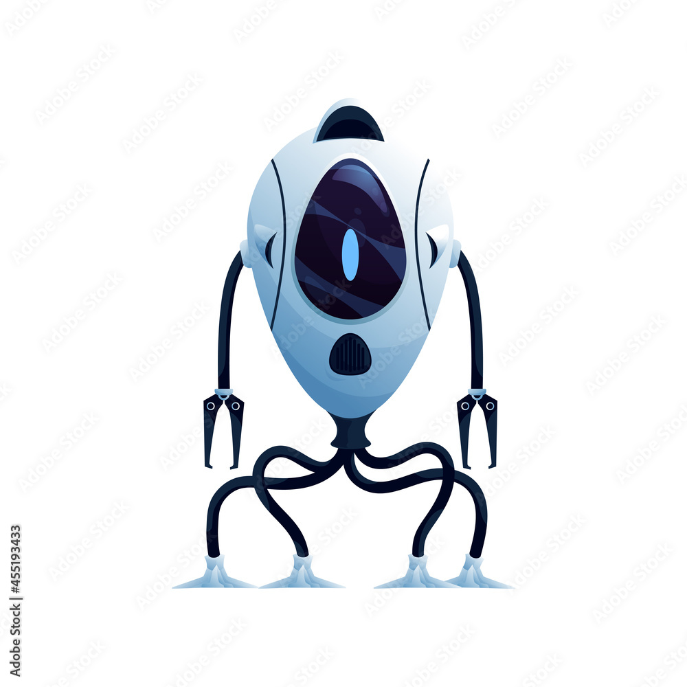 Fototapete Robot with flexible legs and arms with grabs isolated standing cyber space android. Vector futuristic humanoid or cyborg, mechanical plastic or metal kids toy, robotic loader smart bot machine