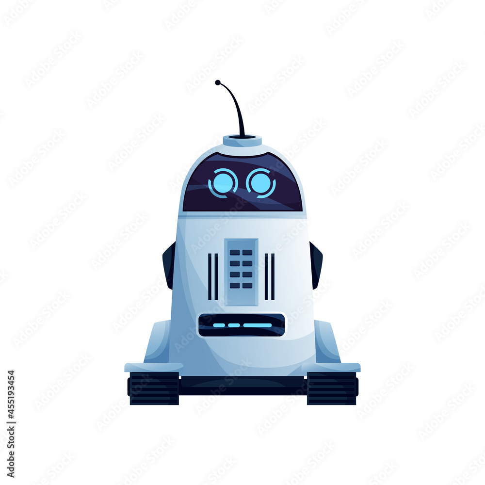 Poster robot cleaner or helper, on two wheels without hands isolated bionic machine of metal, plastic. vect
