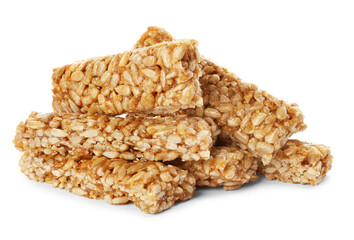 Delicious sweet kozinaki bars on white background