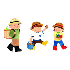 手描き水彩の収穫しているかわいい子どものイラスト / Hand-painted watercolor cute children harvesting illustration