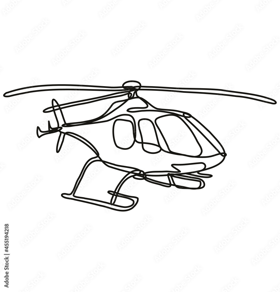Poster continuous line drawing illustration of a of a helicopter in full flight done in mono line or doodle