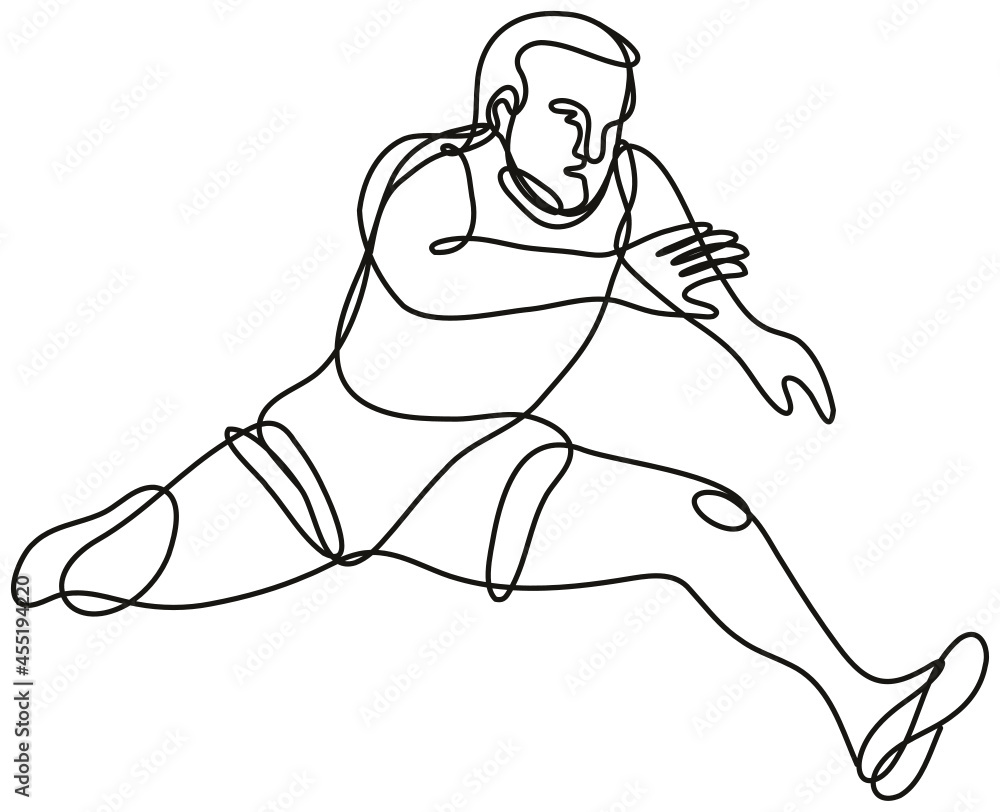 Poster continuous line drawing illustration of a track and field athlete jumping hurdle done in mono line o