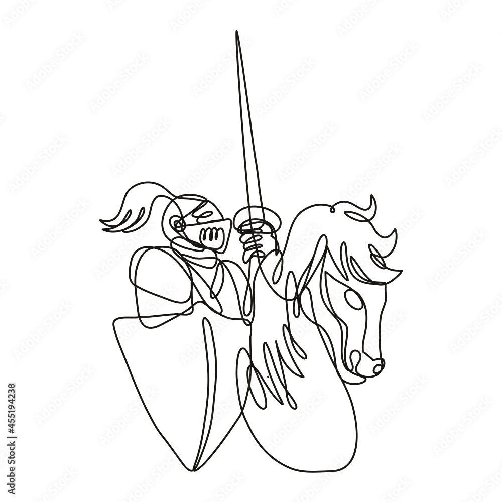 Poster continuous line drawing illustration of a knight with lance and shield riding stead done in mono lin