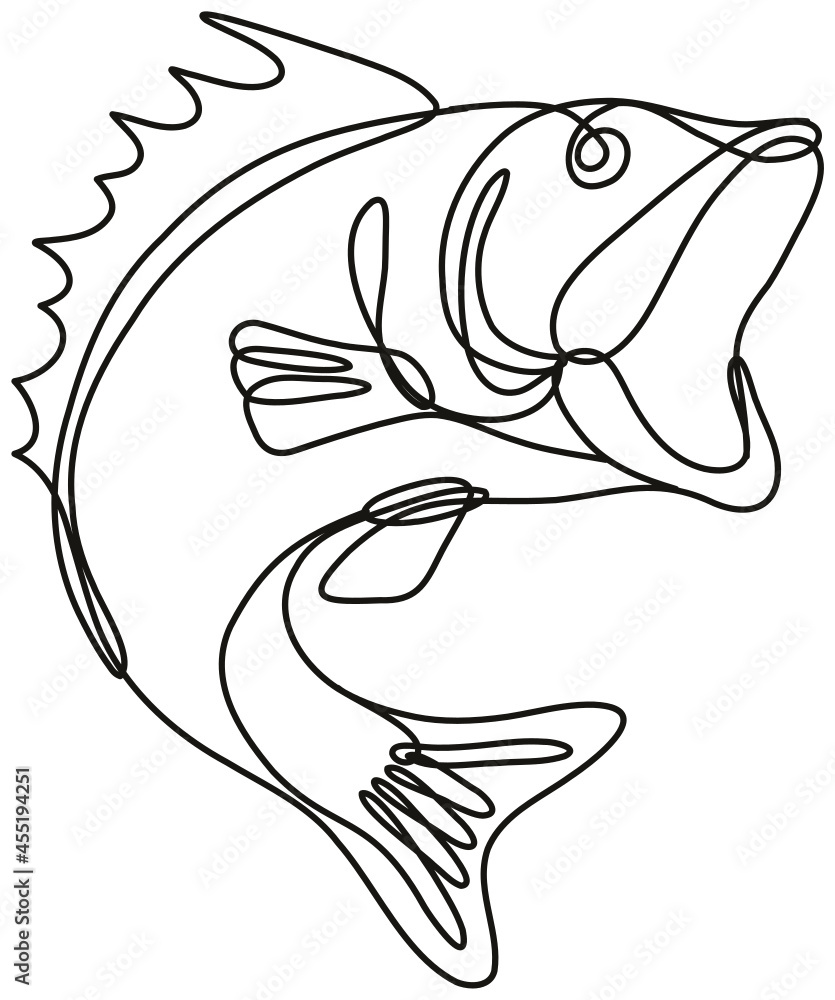 Poster continuous line drawing illustration of a largemouth bass jumping up done in mono line or doodle sty
