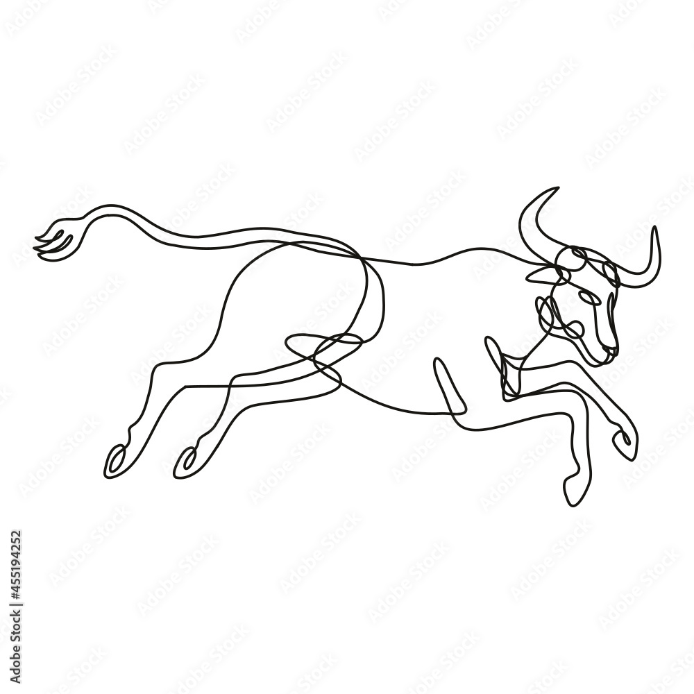 Poster continuous line drawing illustration of a texas longhorn bull jumping side view done in mono line or
