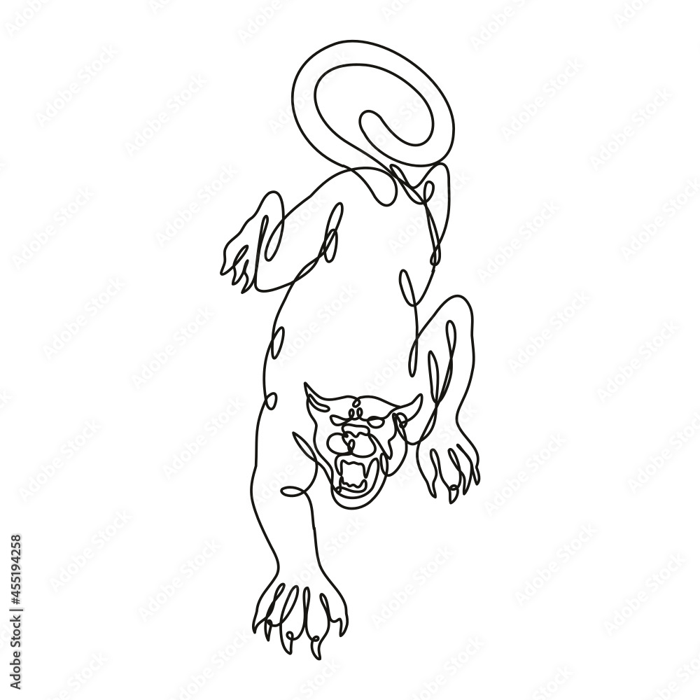 Poster continuous line drawing illustration of a black panther crouching about to attack front view done in