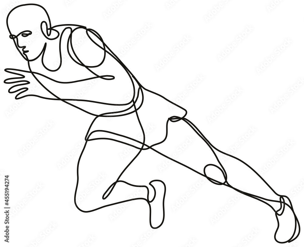Poster continuous line drawing illustration of a track and field athlete running start done in mono line or