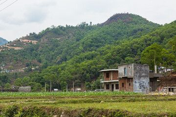 Naklejka premium ネパール ポカラ近郊の民家と田舎の風景