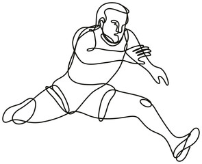 Continuous line drawing illustration of a track and field athlete jumping hurdle done in mono line or doodle style in black and white on isolated background. 