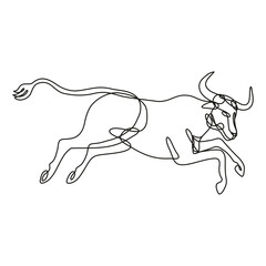 Continuous line drawing illustration of a Texas longhorn bull jumping side view done in mono line or doodle style in black and white on isolated background. 