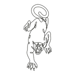 Continuous line drawing illustration of a black panther crouching about to attack front view done in mono line or doodle style in black and white on isolated background. 
