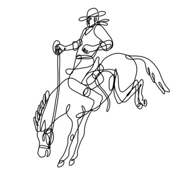 Continuous line drawing illustration of a rodeo cowboy riding bucking bronco side view  done in mono line or doodle style in black and white on isolated background. 