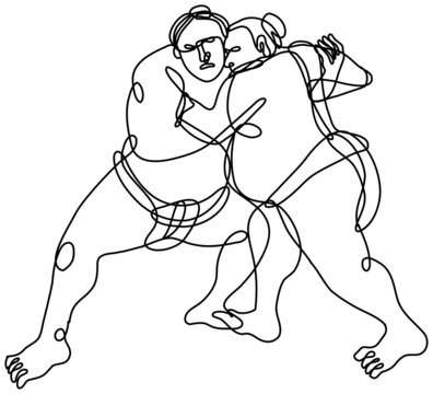 Continuous line drawing illustration of a two Japanese sumo wrestler or rikishi wrestling done in mono line or doodle style in black and white on isolated background. 