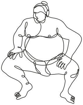 Continuous line drawing illustration of a sumo wrestler or rikishi in fighting stance front view done in mono line or doodle style in black and white on isolated background. 