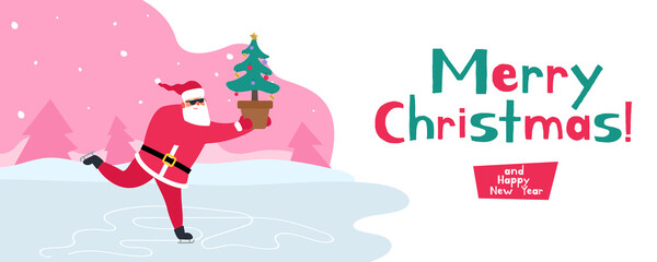 merry christmas  santa  claus skating on ice rink with potted spruce vector illustration