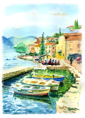 Fototapeta na wymiar Watercolor seascape. Mediterranean old town, boats and promenade