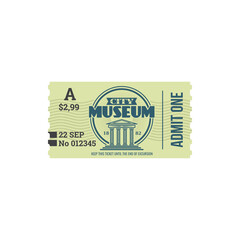 Full ticket to museum isolated retro paper card. Vector voucher access to history museum, single entry, building with columns. Invitation on excursion exhibition, admit one, mention of date price