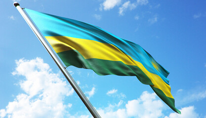 3D rendering illustration of the Rwanda flag with a blue sky background