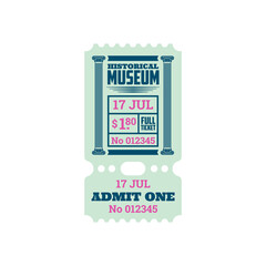 Ticket to historical museum coupon special voucher entry isolated mockup. Vector numbered paper card with price, decorated by ancient columns. Admit on excursion, admission to visit exhibition